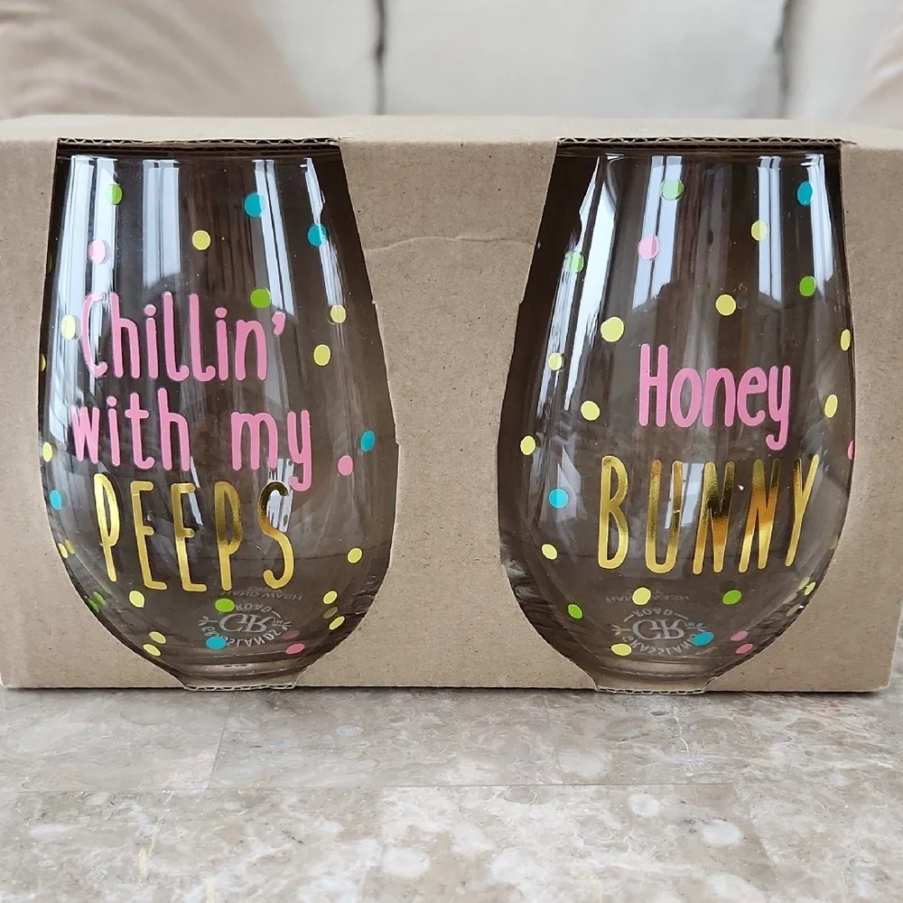 Colorful Polka Dot Stemless Wine Glass Set, great for Easter! 2 glasses, NWOT
